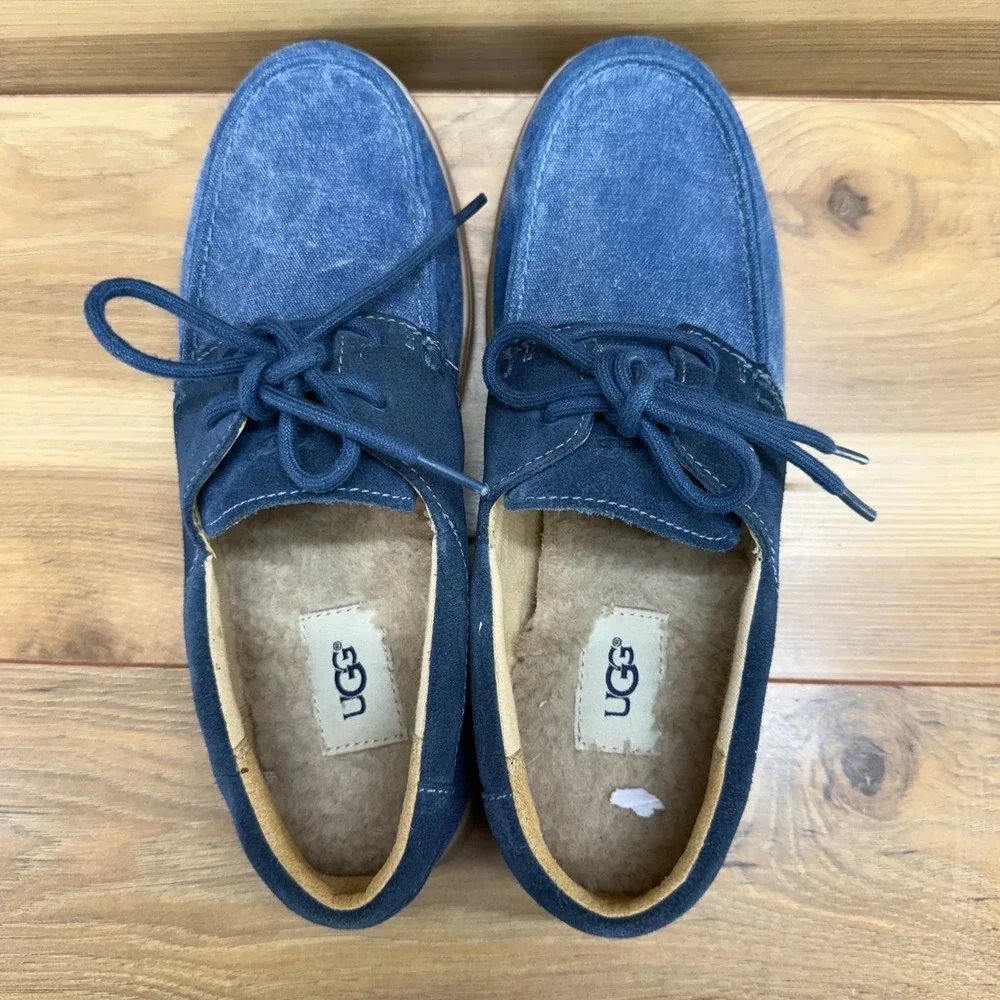 UGG Boat Moc Toe Loafers Mens 7‎ Blue Cotton And Suede Low Top Comfort